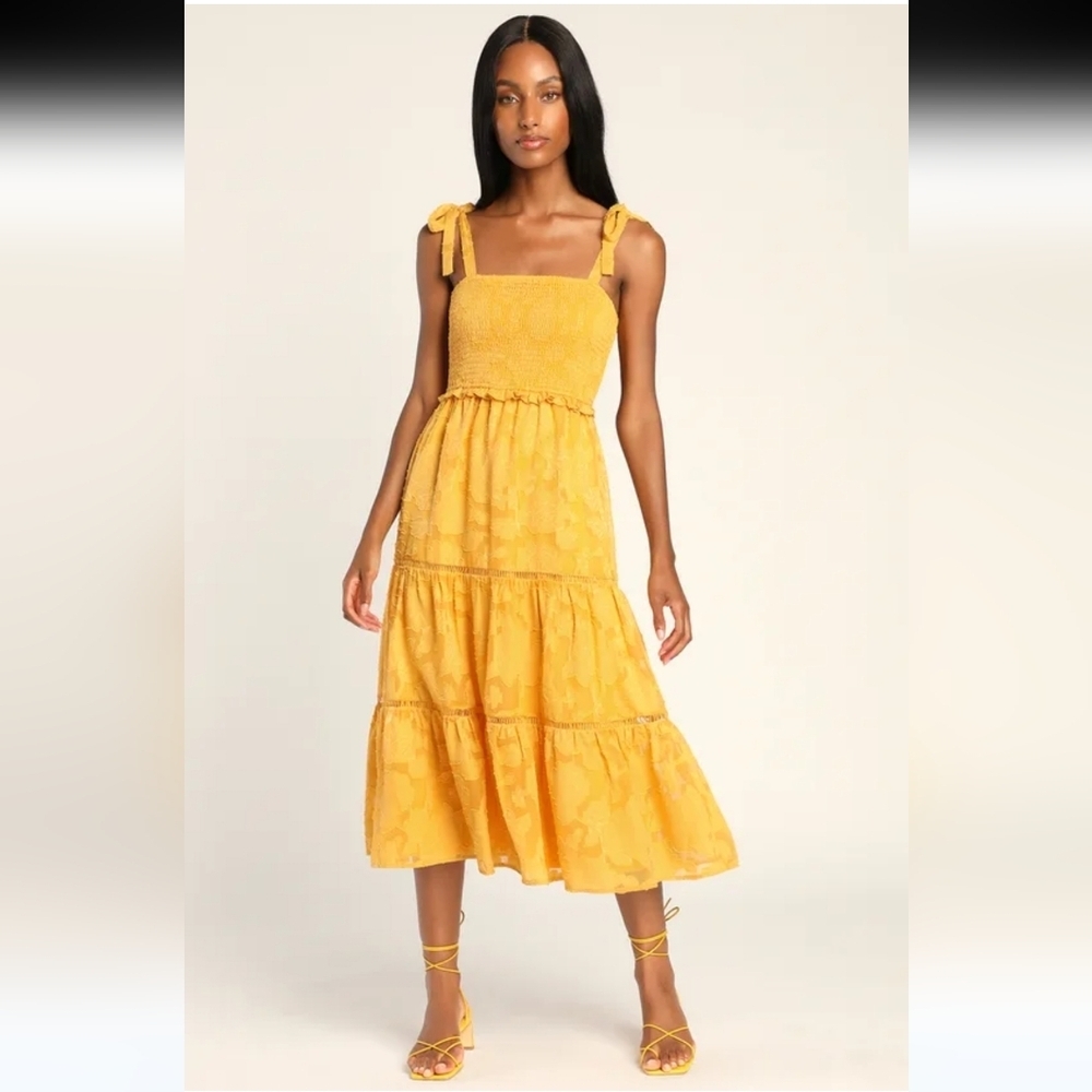 Lulus Float to Love Yellow Jacquard Smocked Tie- Strap Summer Midi Dress Size M - Picture 2 of 11